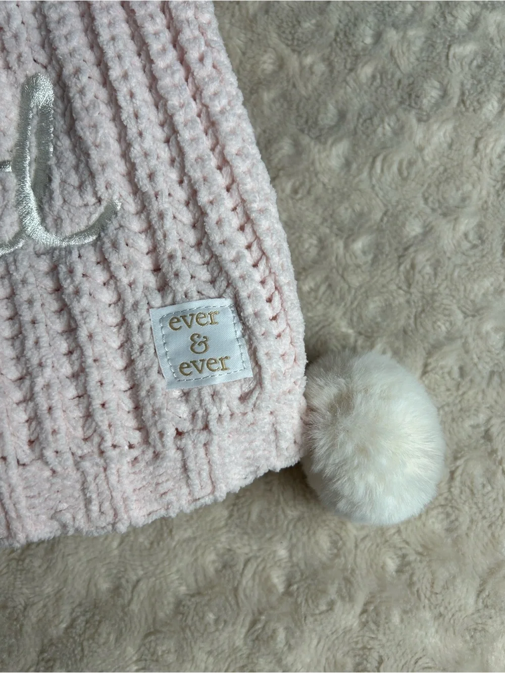 Ever & Ever Loved Pink Chenille Baby Blanket White Pom Poms Soft Knit Lovey